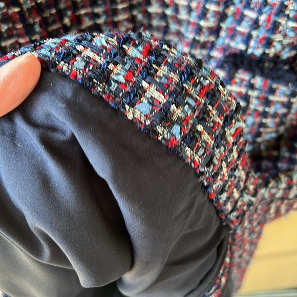 Talbots 14W Petite Sheath Tweed Dress Navy Red Frayed Hem Front Pockets MCM - Picture 7 of 10